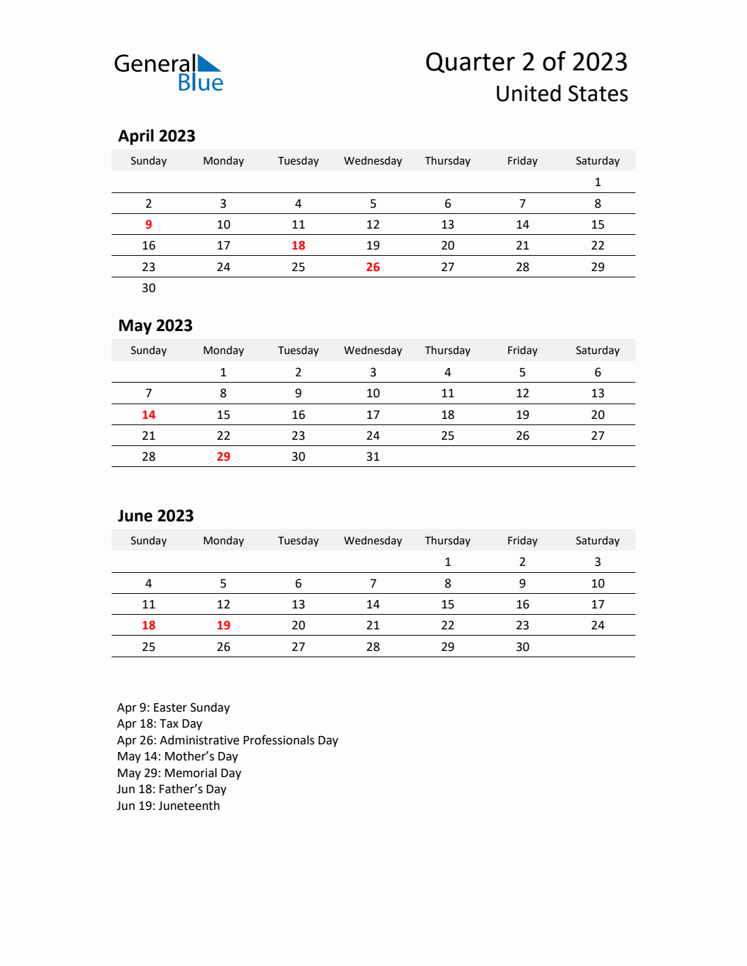 Q2 2023 Quarterly Calendar With United States Holidays PDF Excel Word 