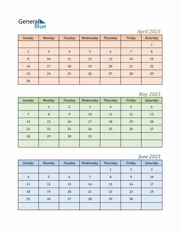 Three-Month Calendar for Year 2023 (April, May, and June)