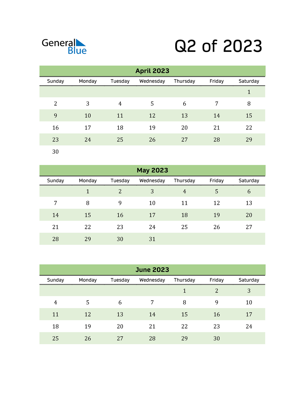 Q2 2023 Quarterly Calendar PDF Word Excel 