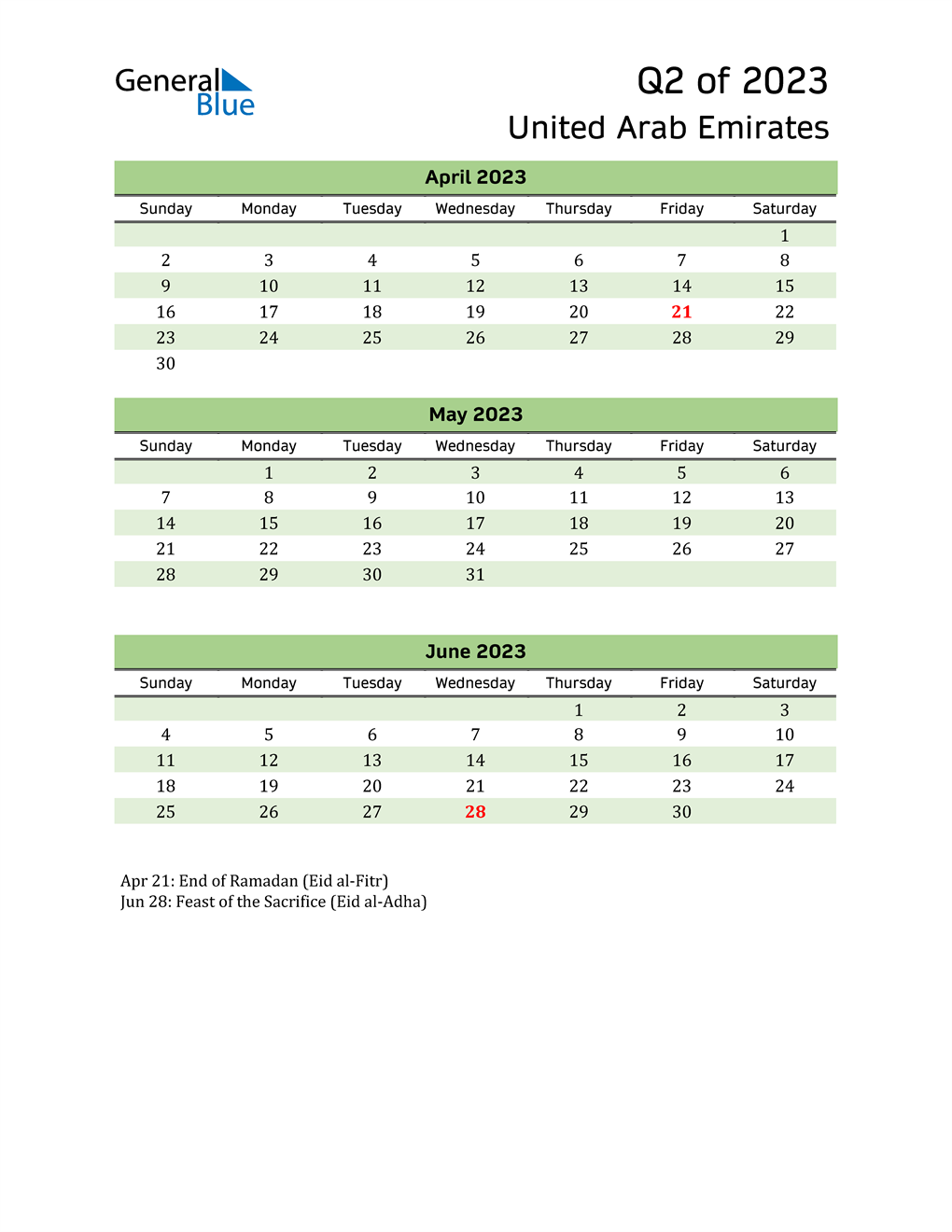  Quarterly Calendar 2023 with United Arab Emirates Holidays 
