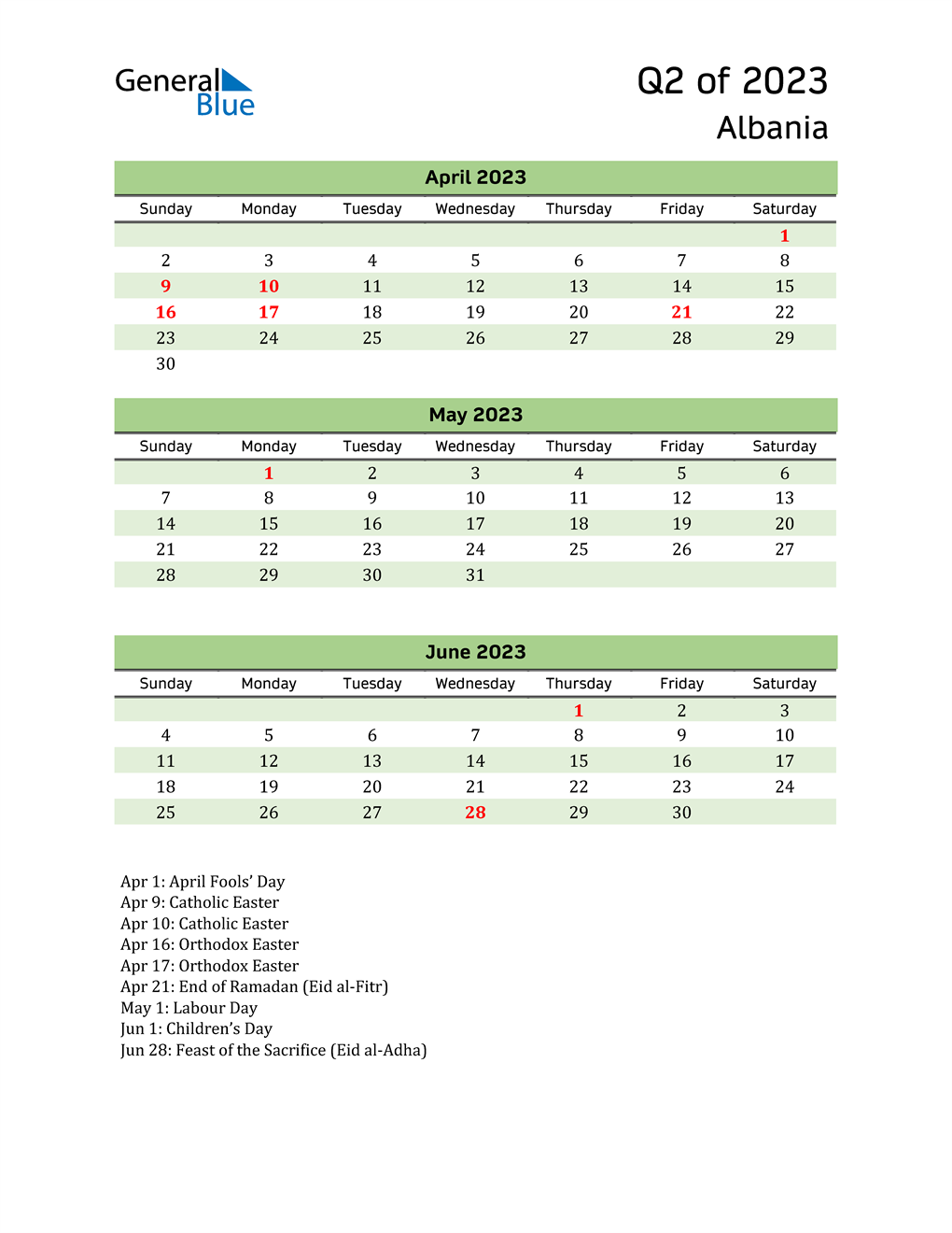  Quarterly Calendar 2023 with Albania Holidays 