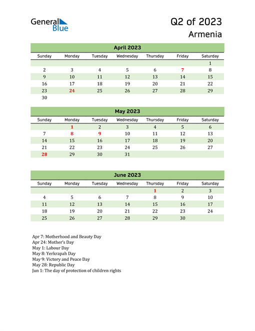  Quarterly Calendar 2023 with Armenia Holidays 