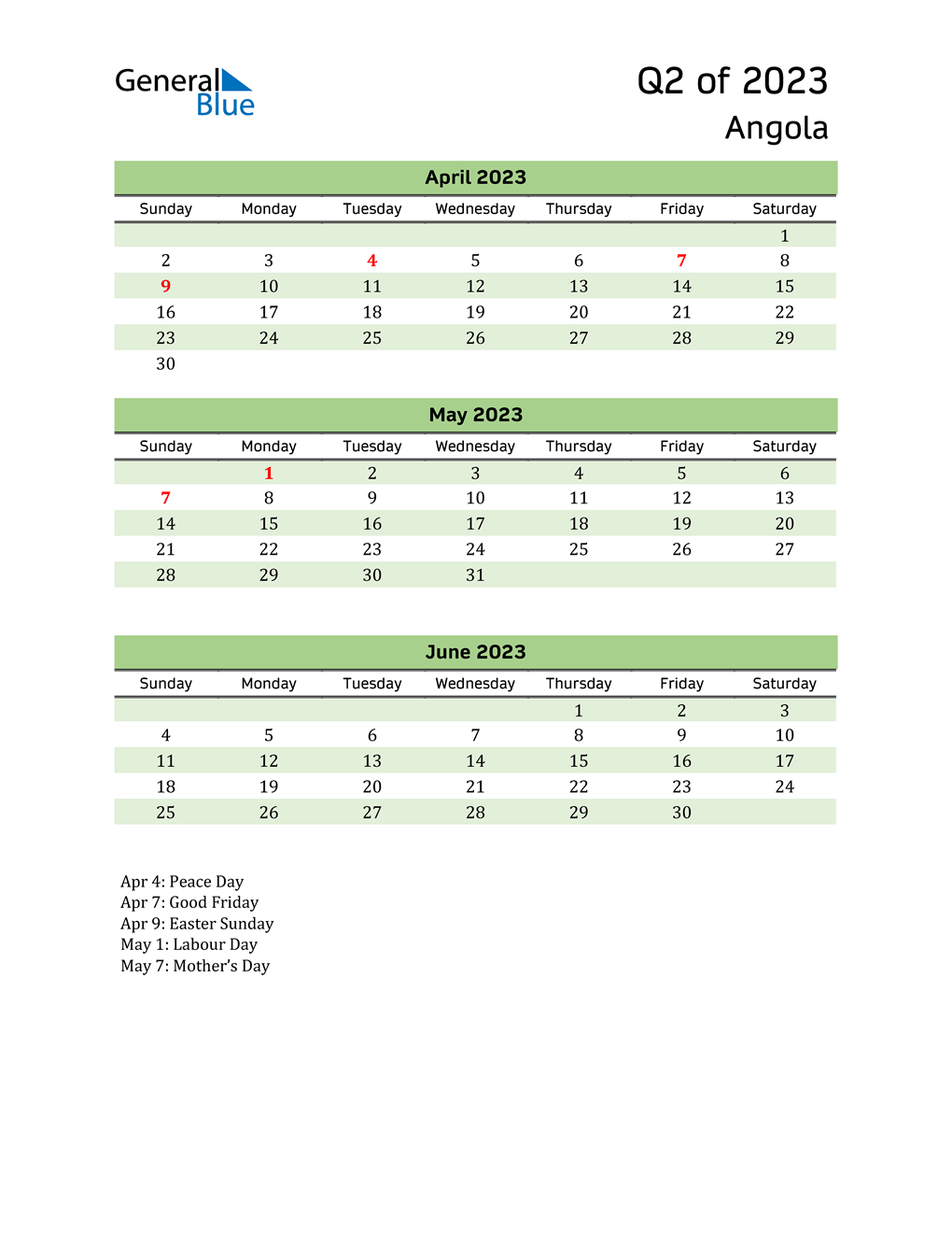  Quarterly Calendar 2023 with Angola Holidays 