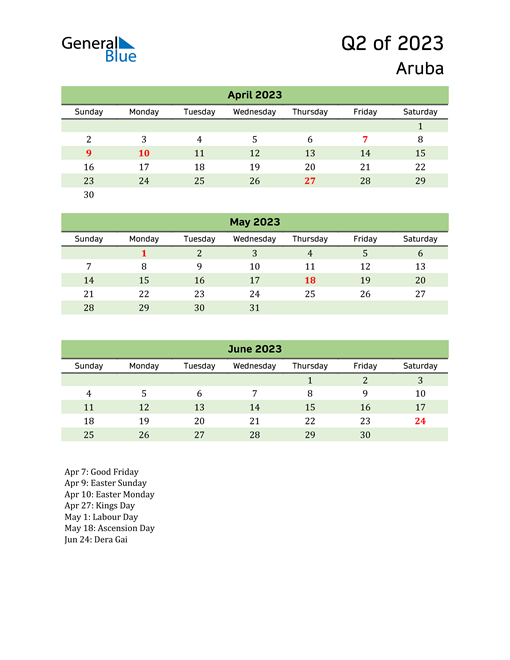 Quarterly Calendar 2023 with Aruba Holidays 