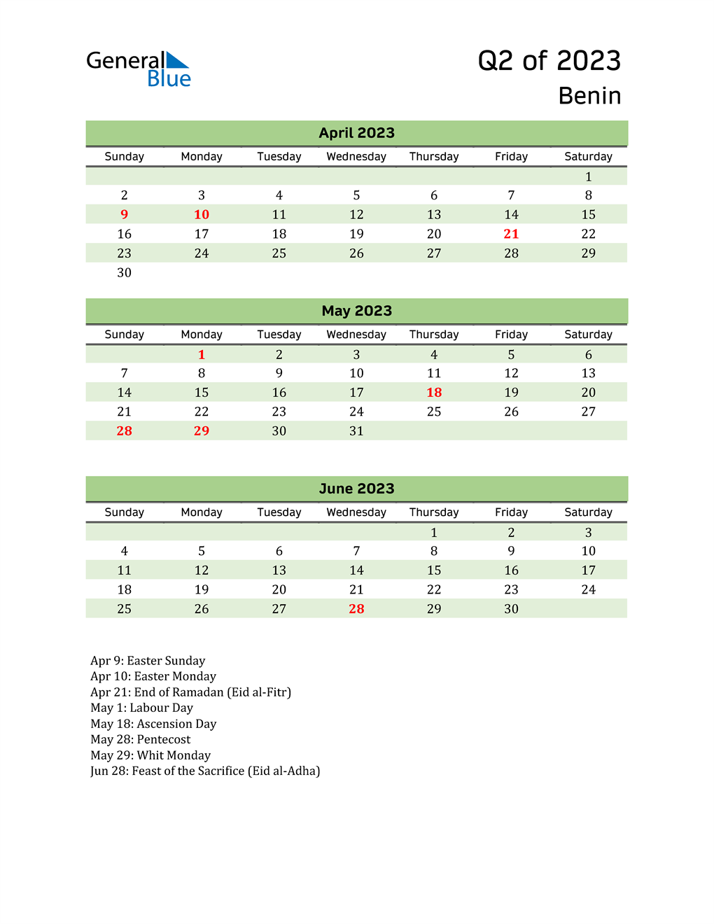  Quarterly Calendar 2023 with Benin Holidays 