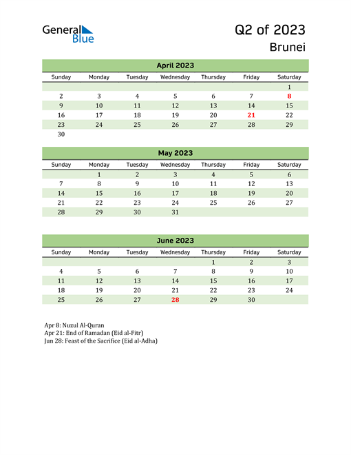  Quarterly Calendar 2023 with Brunei Holidays 