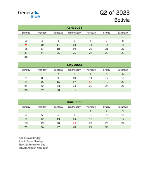  Quarterly Calendar 2023 with Bolivia Holidays 