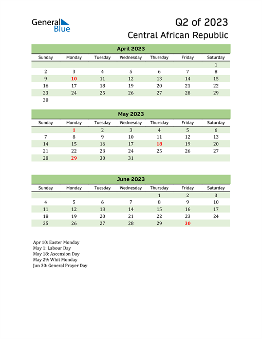  Quarterly Calendar 2023 with Central African Republic Holidays 