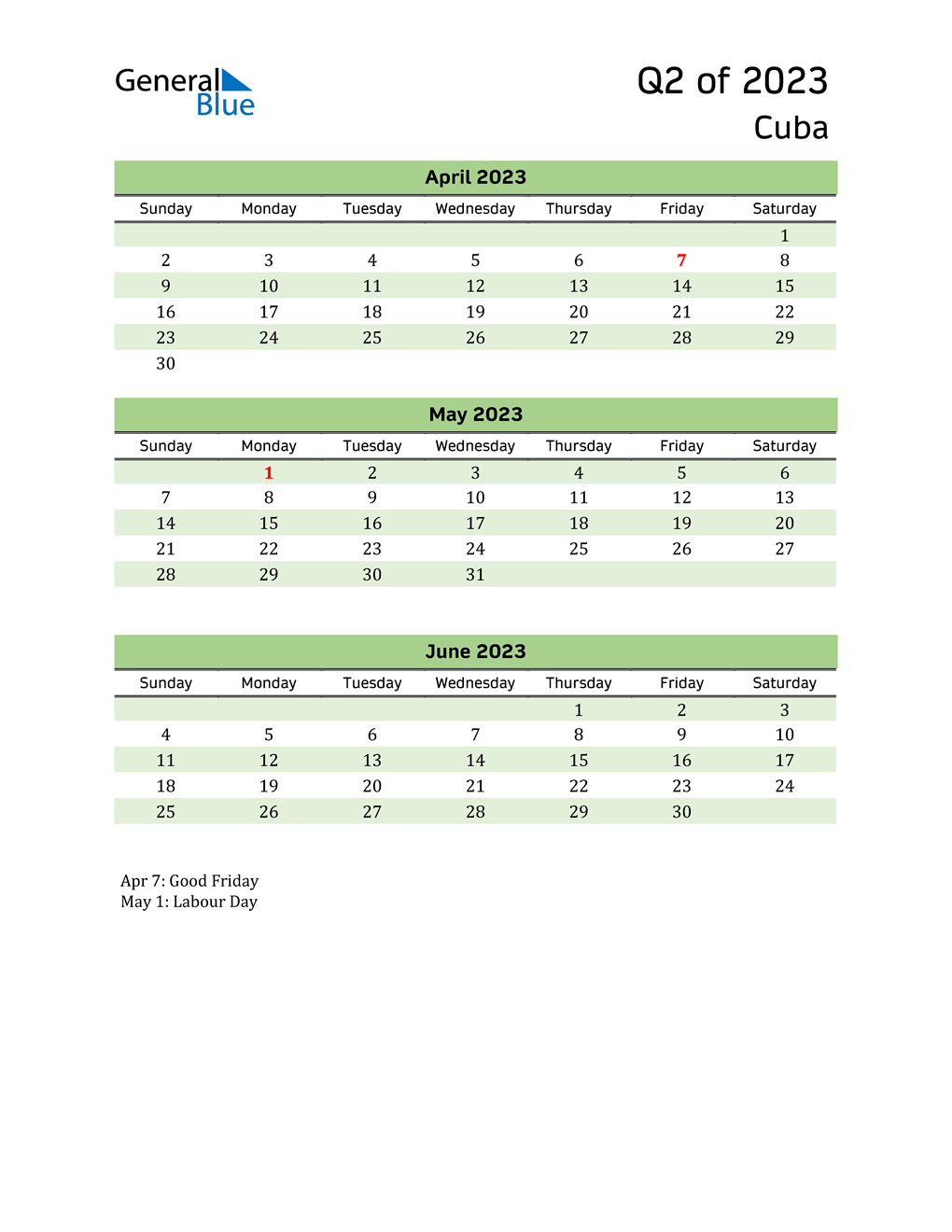  Quarterly Calendar 2023 with Cuba Holidays 
