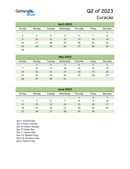  Quarterly Calendar 2023 with Curacao Holidays 