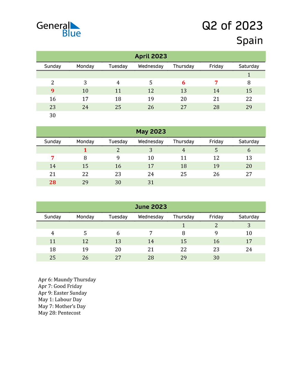  Quarterly Calendar 2023 with Spain Holidays 