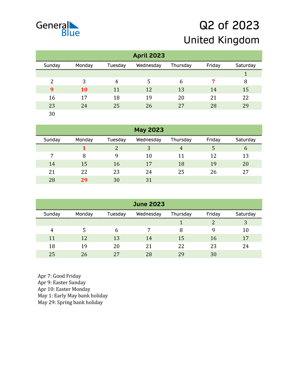  Quarterly Calendar 2023 with United Kingdom Holidays 