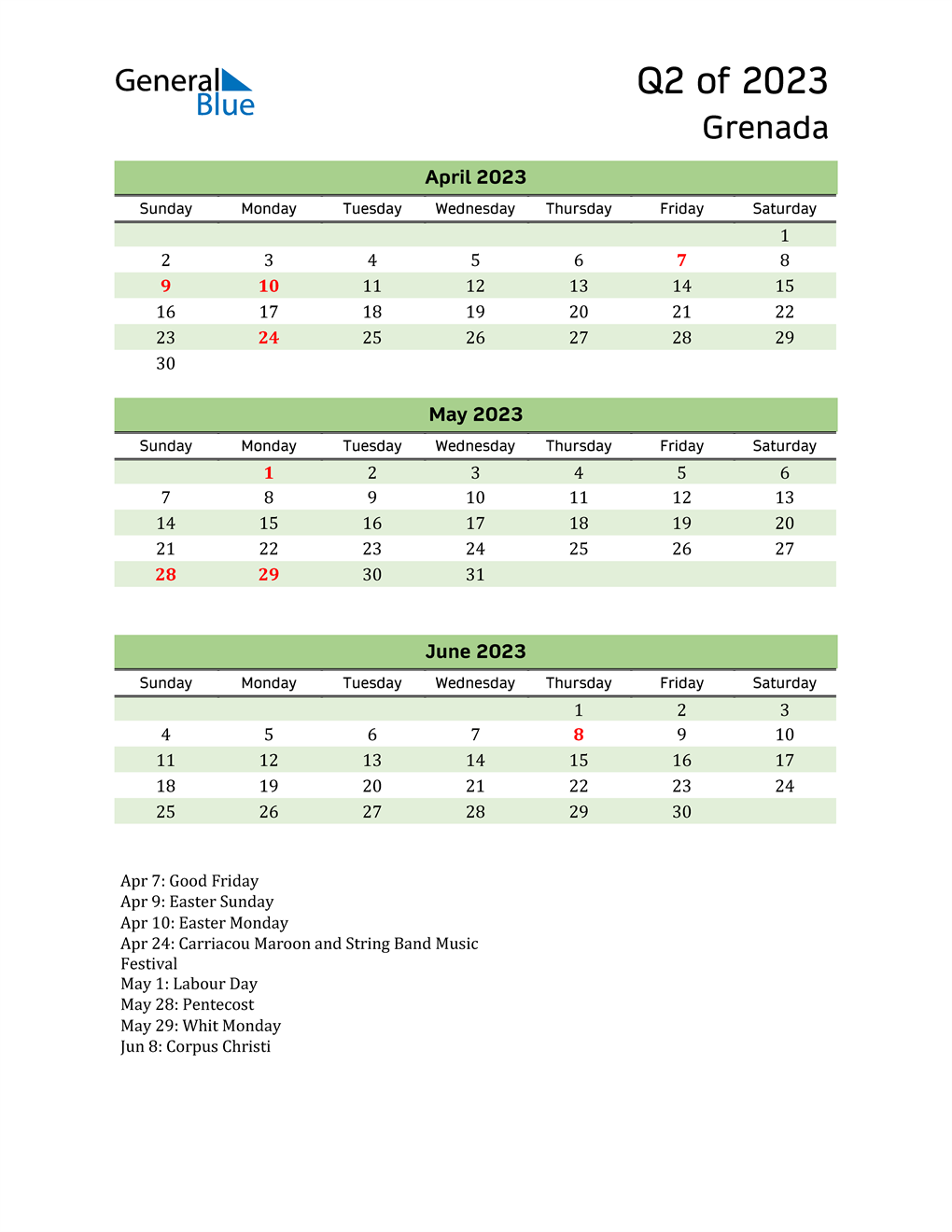  Quarterly Calendar 2023 with Grenada Holidays 