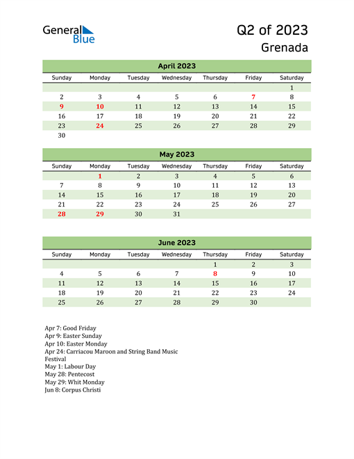  Quarterly Calendar 2023 with Grenada Holidays 
