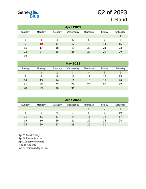  Quarterly Calendar 2023 with Ireland Holidays 