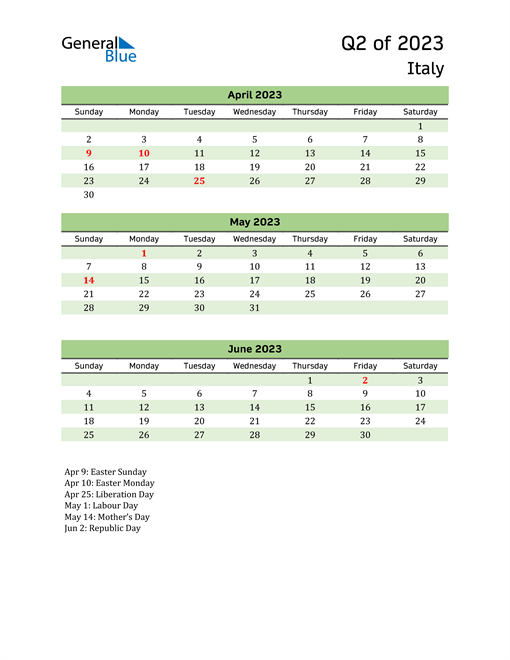  Quarterly Calendar 2023 with Italy Holidays 