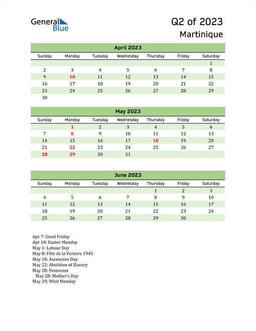  Quarterly Calendar 2023 with Martinique Holidays 