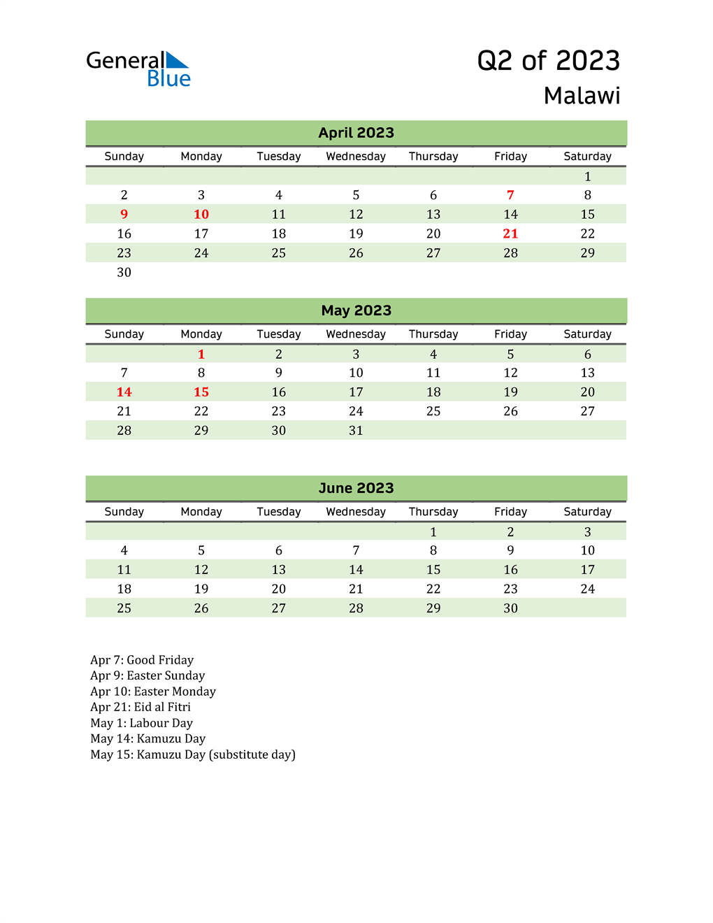  Quarterly Calendar 2023 with Malawi Holidays 