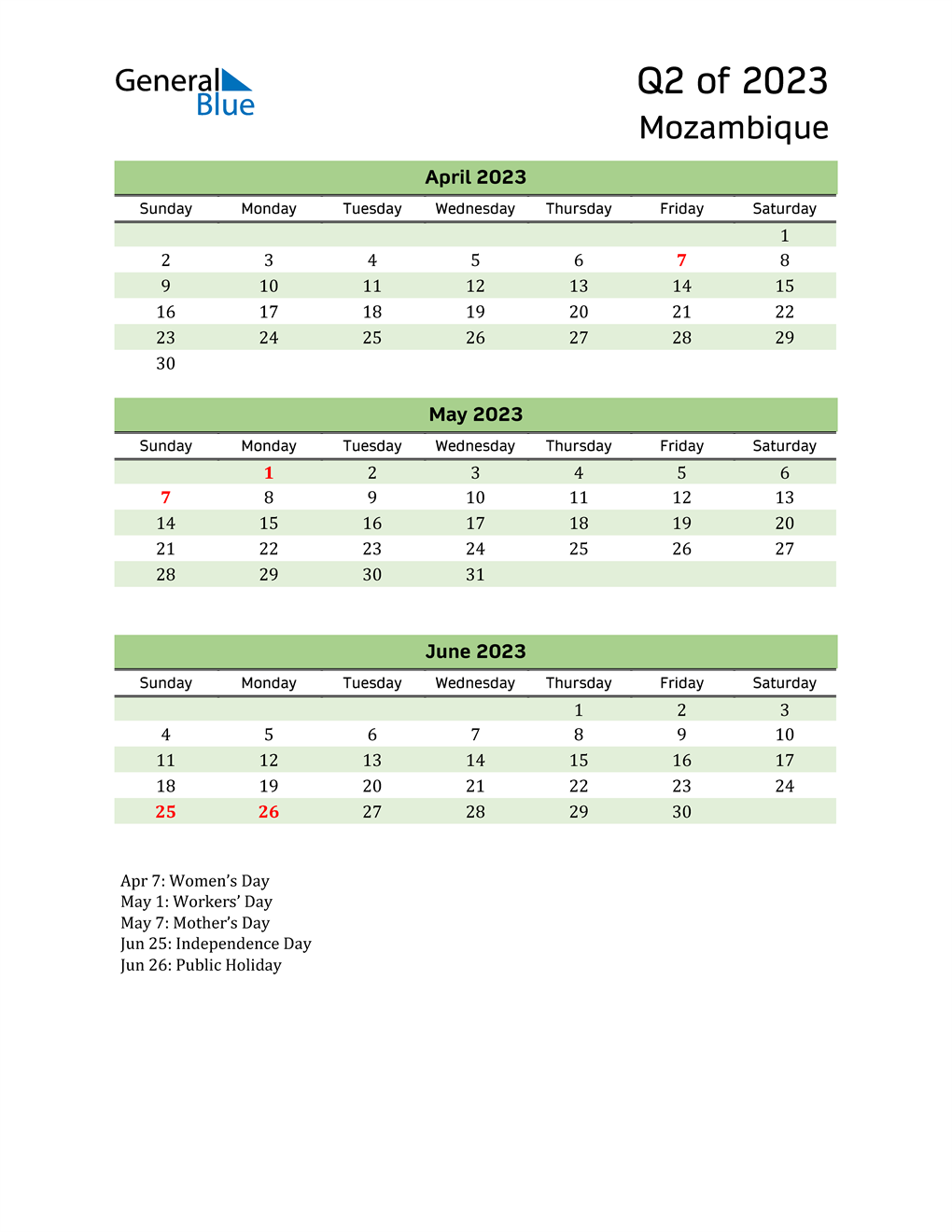  Quarterly Calendar 2023 with Mozambique Holidays 