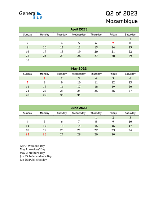  Quarterly Calendar 2023 with Mozambique Holidays 