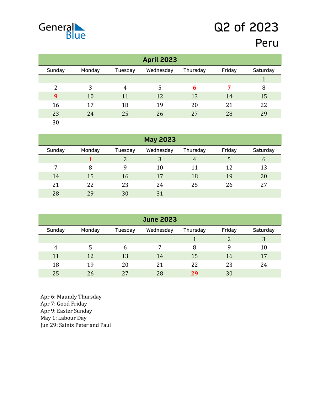  Quarterly Calendar 2023 with Peru Holidays 