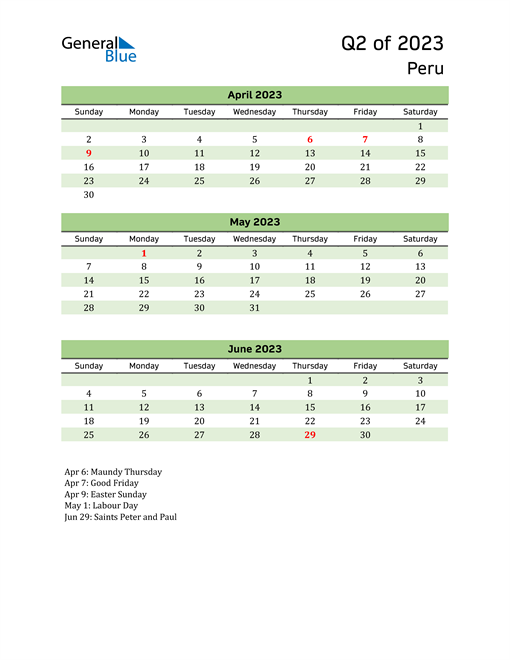  Quarterly Calendar 2023 with Peru Holidays 