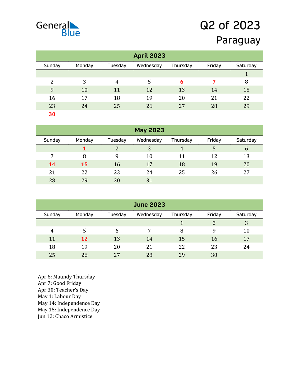  Quarterly Calendar 2023 with Paraguay Holidays 