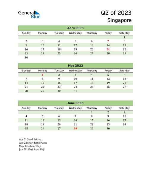  Quarterly Calendar 2023 with Singapore Holidays 