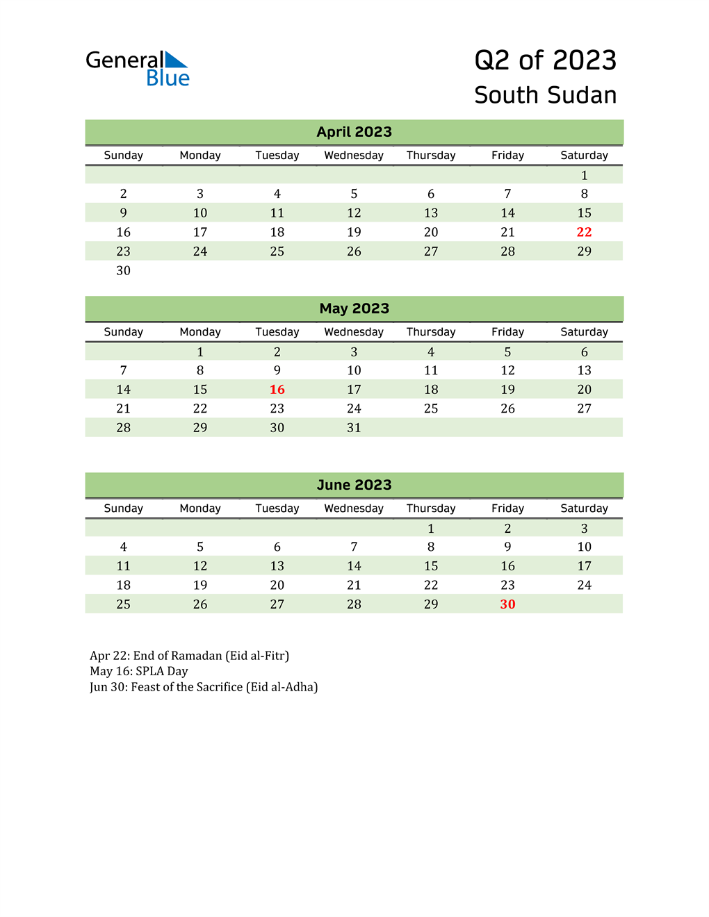  Quarterly Calendar 2023 with South Sudan Holidays 