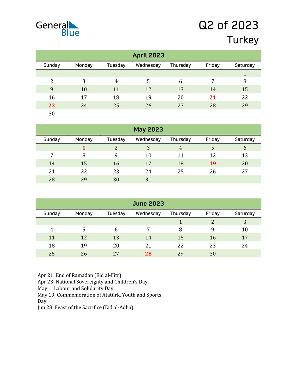 Q2 2023 Quarterly Calendar with Turkey Holidays