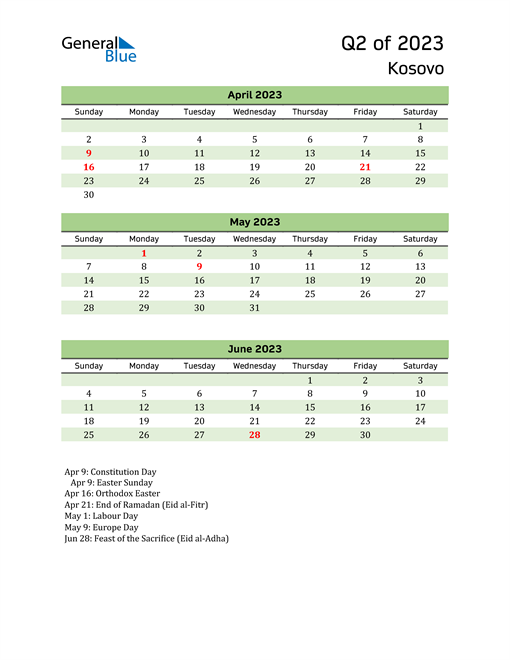  Quarterly Calendar 2023 with Kosovo Holidays 