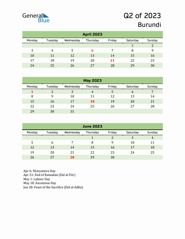 Quarterly Calendar 2023 with Burundi Holidays