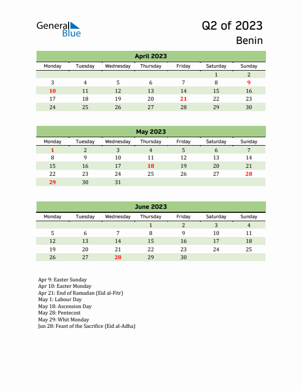 Quarterly Calendar 2023 with Benin Holidays