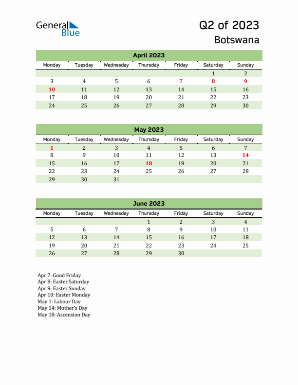 Quarterly Calendar 2023 with Botswana Holidays