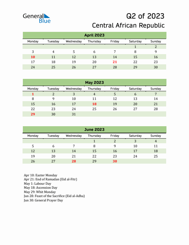 Quarterly Calendar 2023 with Central African Republic Holidays