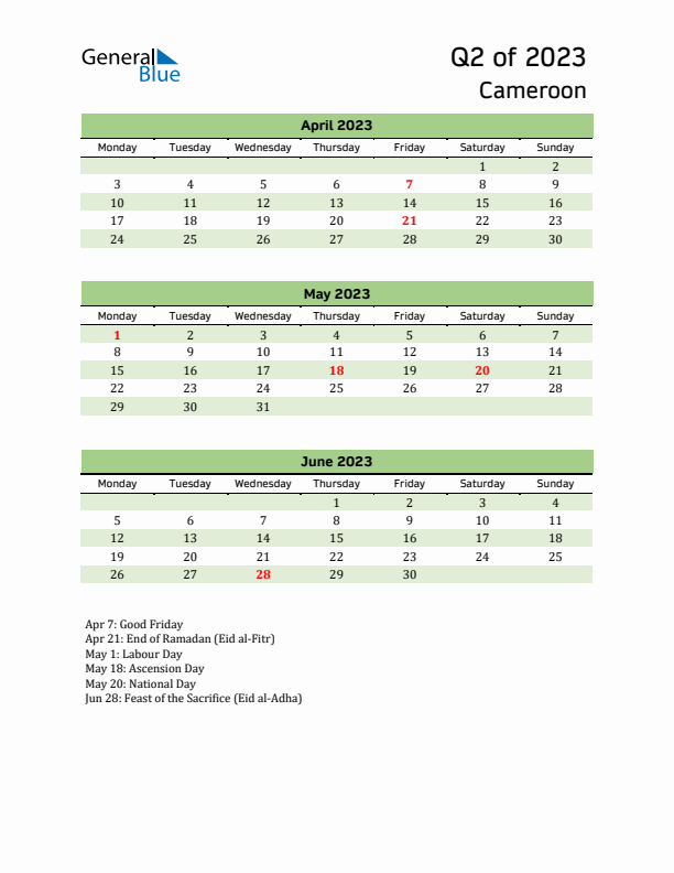 Quarterly Calendar 2023 with Cameroon Holidays
