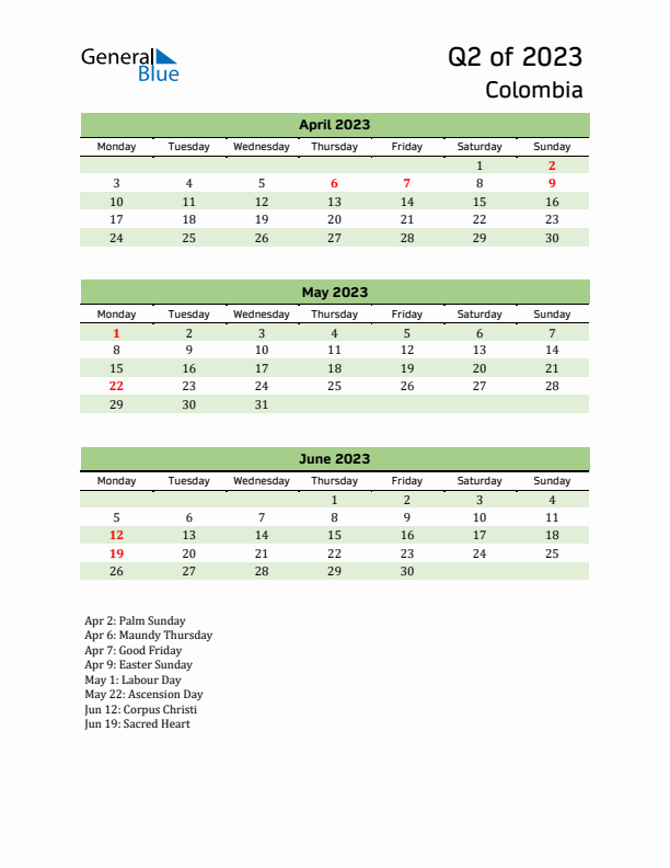 Quarterly Calendar 2023 with Colombia Holidays