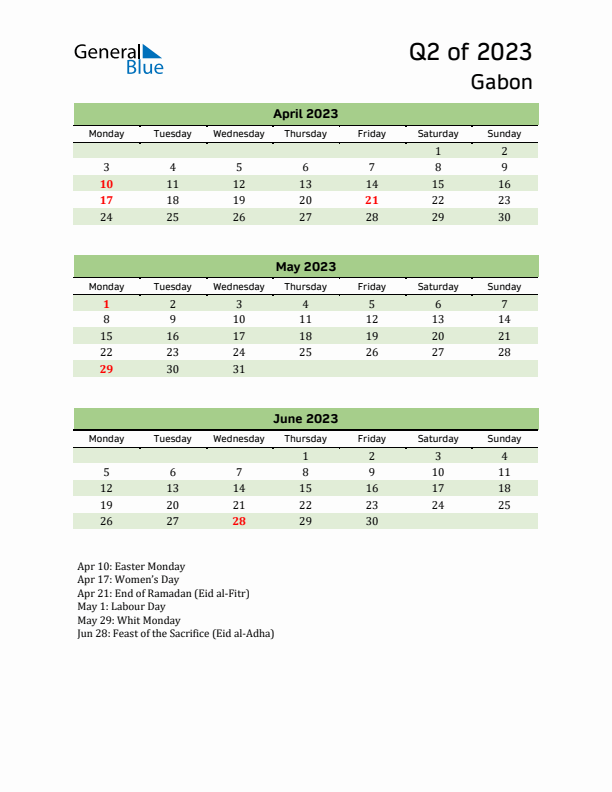Quarterly Calendar 2023 with Gabon Holidays