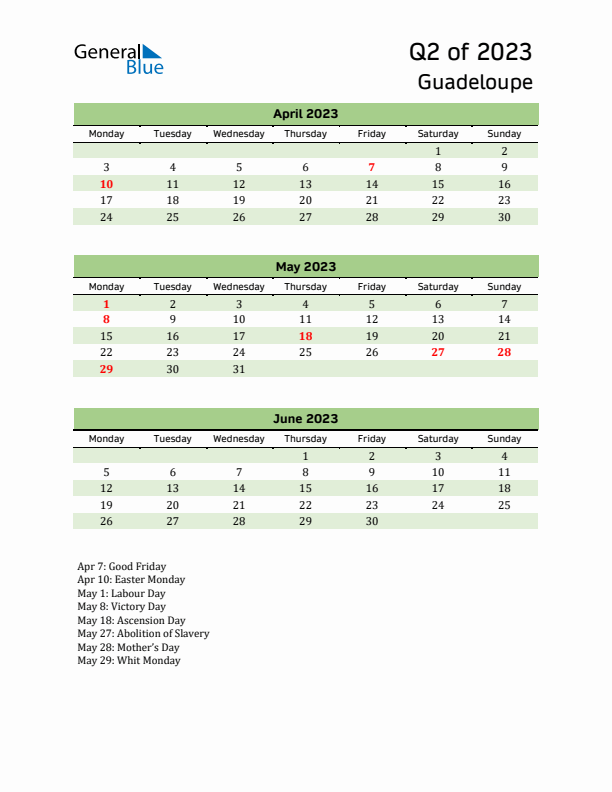 Quarterly Calendar 2023 with Guadeloupe Holidays