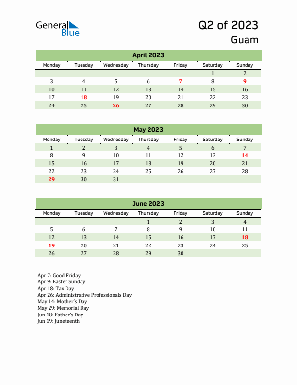 Quarterly Calendar 2023 with Guam Holidays