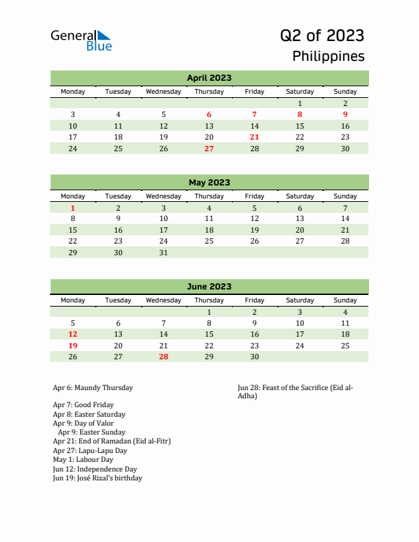 Quarterly Calendar 2023 with Philippines Holidays