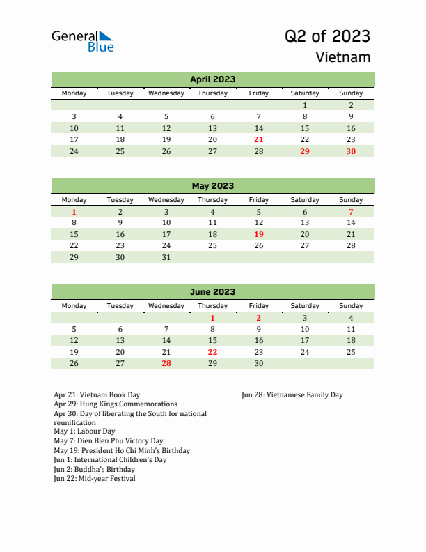 Quarterly Calendar 2023 with Vietnam Holidays