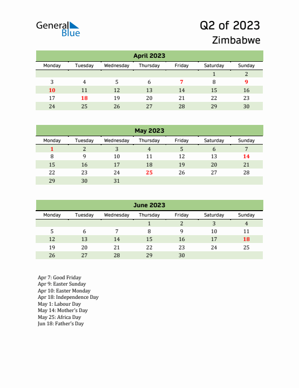 Quarterly Calendar 2023 with Zimbabwe Holidays