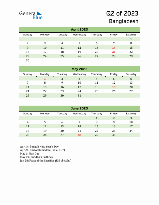Quarterly Calendar 2023 with Bangladesh Holidays