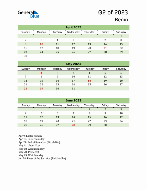 Quarterly Calendar 2023 with Benin Holidays