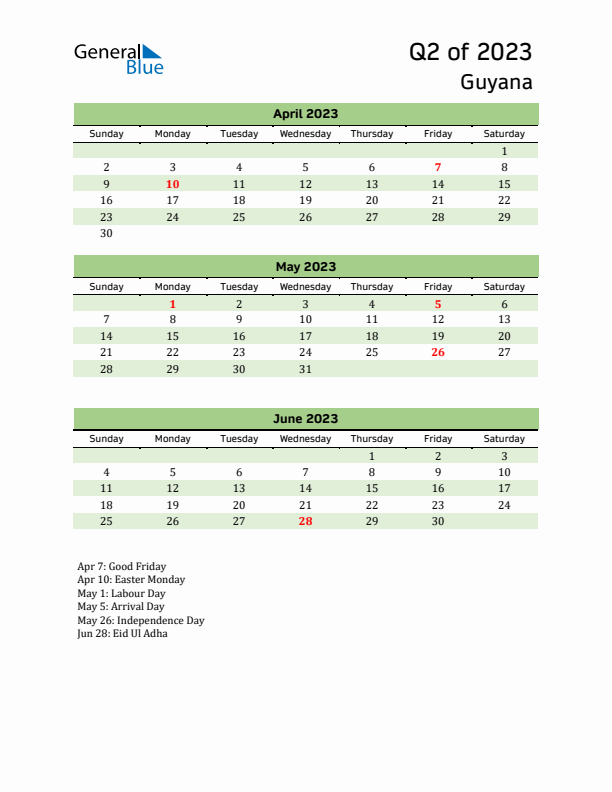 Quarterly Calendar 2023 with Guyana Holidays