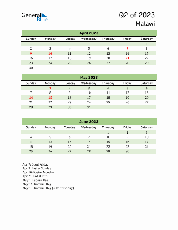 Quarterly Calendar 2023 with Malawi Holidays