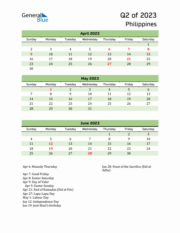 Quarterly Calendar 2023 with Philippines Holidays