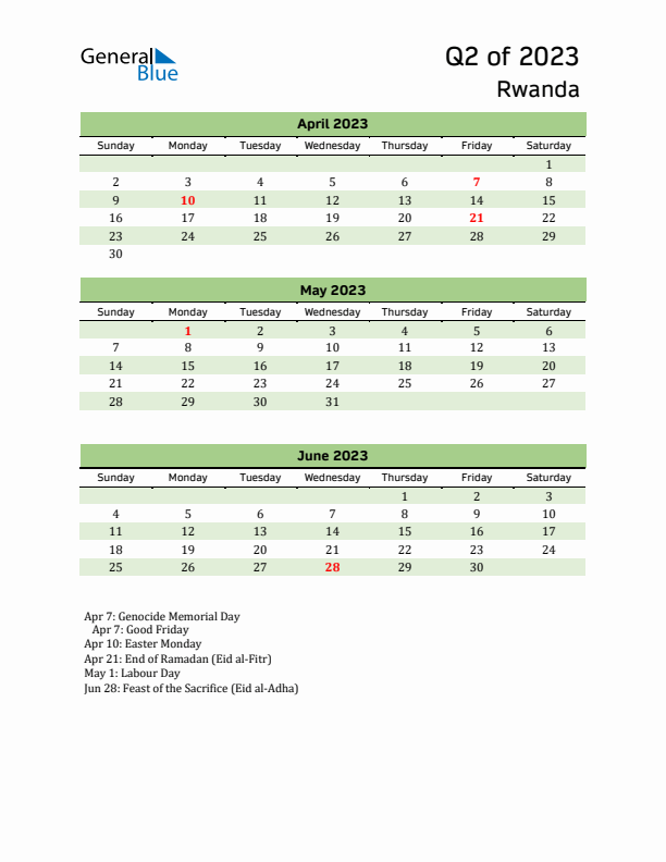 Quarterly Calendar 2023 with Rwanda Holidays