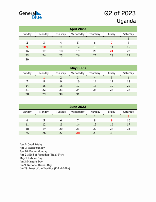 Quarterly Calendar 2023 with Uganda Holidays